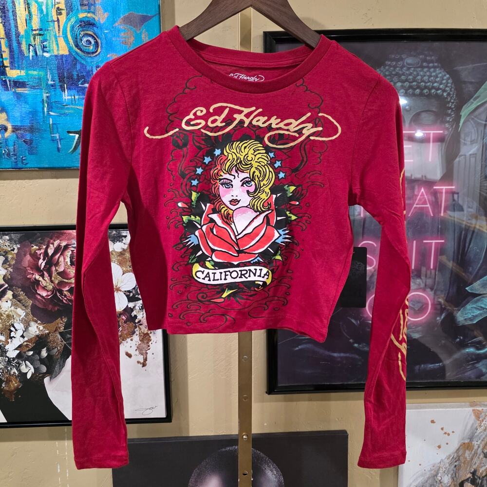 NWT Ed Hardy Y2K Style Deadstock Pink Up Girl Red Baby Doll Tee Long Sleeve XL